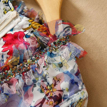Women's Mesh Floral Beaded V-neck Long-sleeve Large Swing Dress