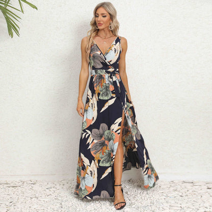 Women's Floral Print Tied Waist V-neck Slit Design Sleeveless Long Dress