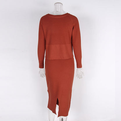 Women's Knitted Long Sleeved Jumper and Long Slit Skirt Outfit Set