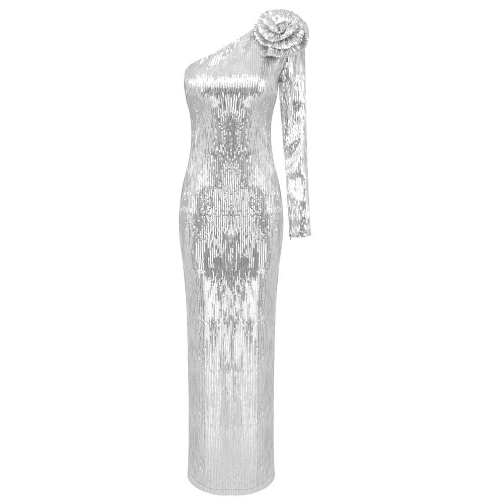 Women's Floral Asymmetrical Silver Sequin Gown