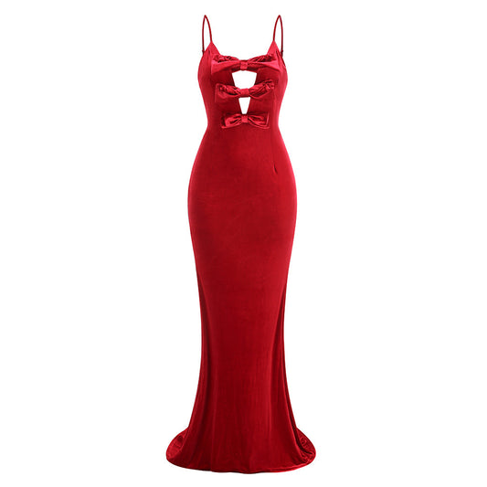 Women's Red Bowknot Velvet Long Tail Dress