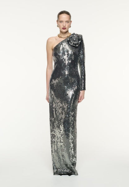 Women's Floral Asymmetrical Silver Sequin Gown