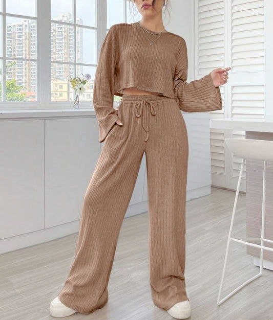 Women's Casual Loungewear Knitted Long Sleeve Top and Pants Outfit Set