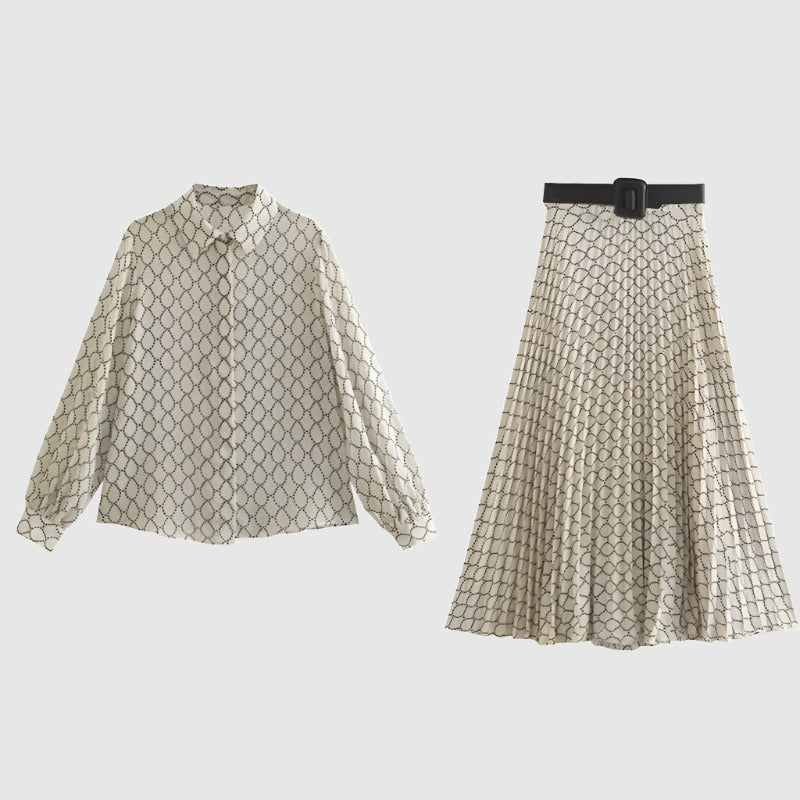 Women's Geometric Pattern Shirt and Skirt With Belt Outfit Set