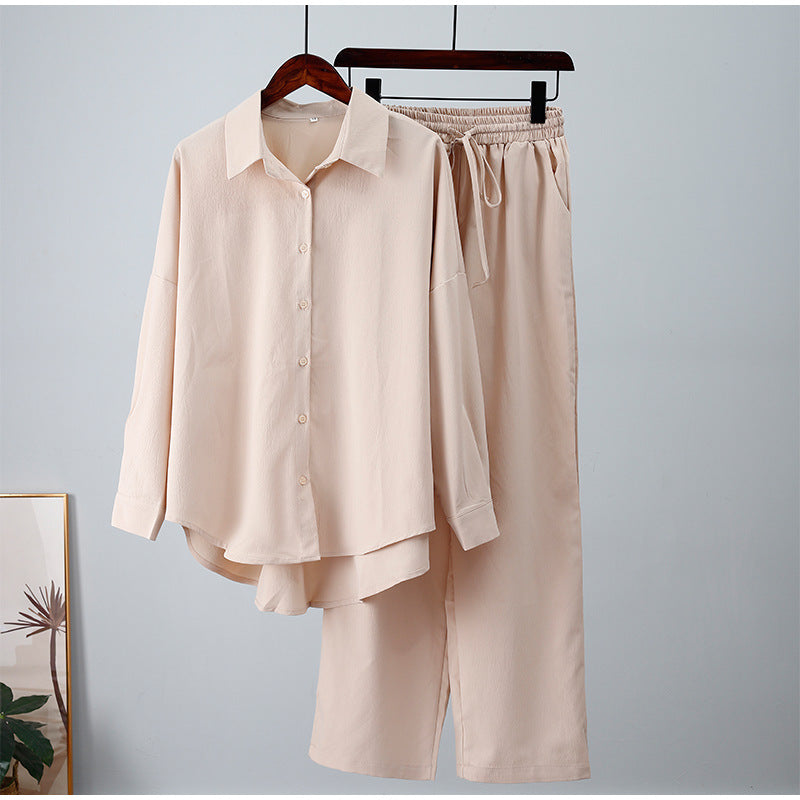 Women's Loose Elastic Long-sleeved Shirt and Wide-leg Pants Casual Outfit Set