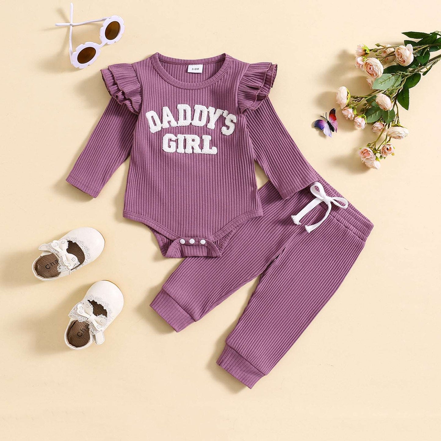 Baby Cute Candy Color Striped and Letter Embroidered Outfit Set