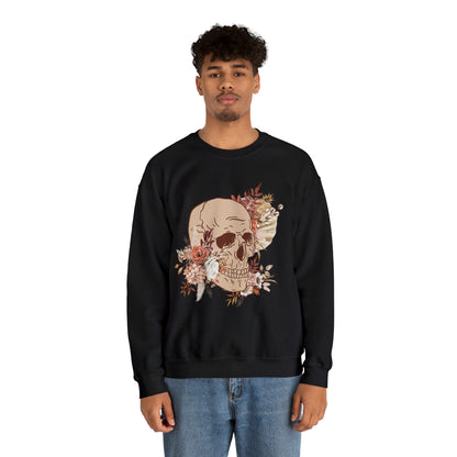 Unisex Vintage Skull and Flower Heavy Blend Crewneck Sweatshirt black