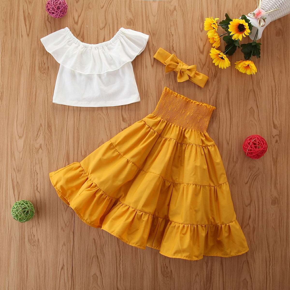 Baby Girl Ruffled Top, High Waist Skirt and Head Band Outfit Set