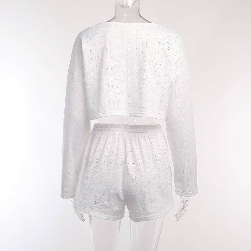 Women's Long Sleeve Top And Shorts Loose Hollow-out Design Pajamas Set