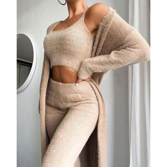 Women's Casual Plush Short Sleeveless Crop Top, Pants and Robe Outfit Set