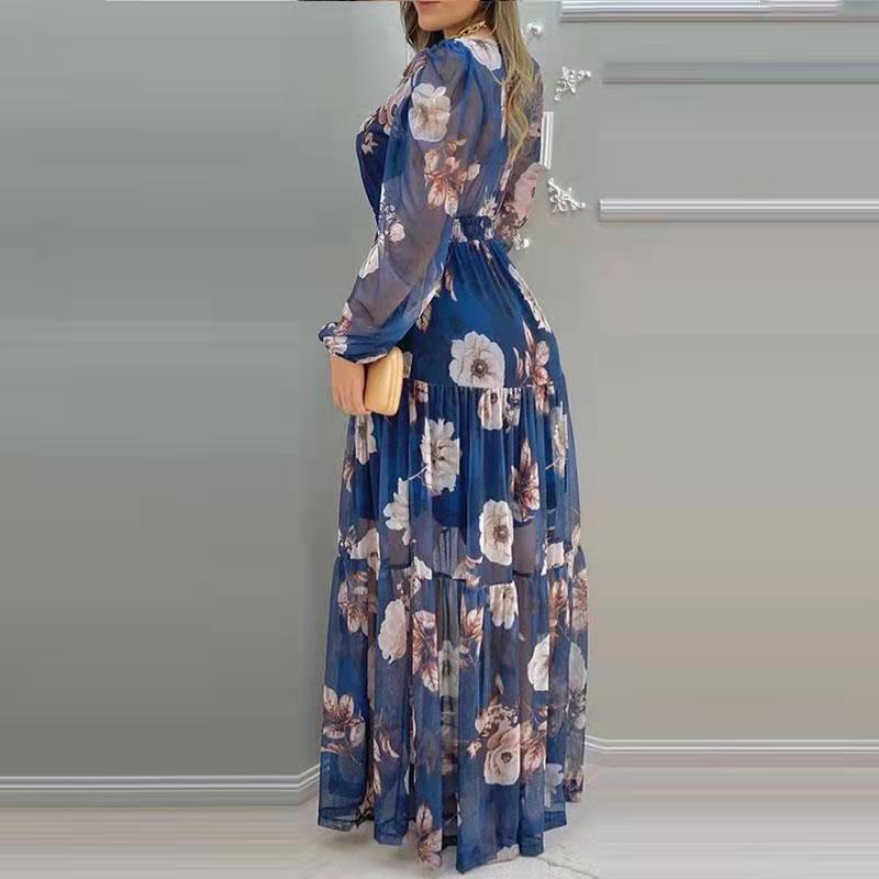 Women's Long Printed V-neck Chiffon Dress