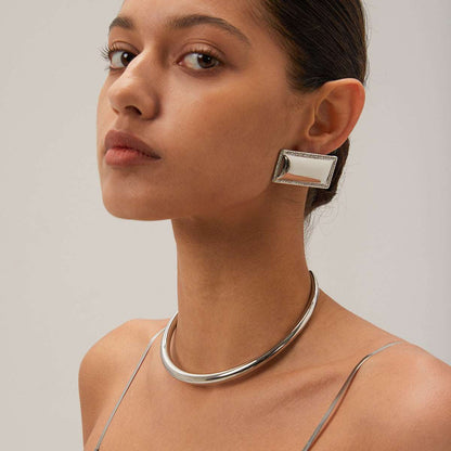 Women's Stainless Steel Inlaid Diamond Glossy Rectangular Shape Earrings