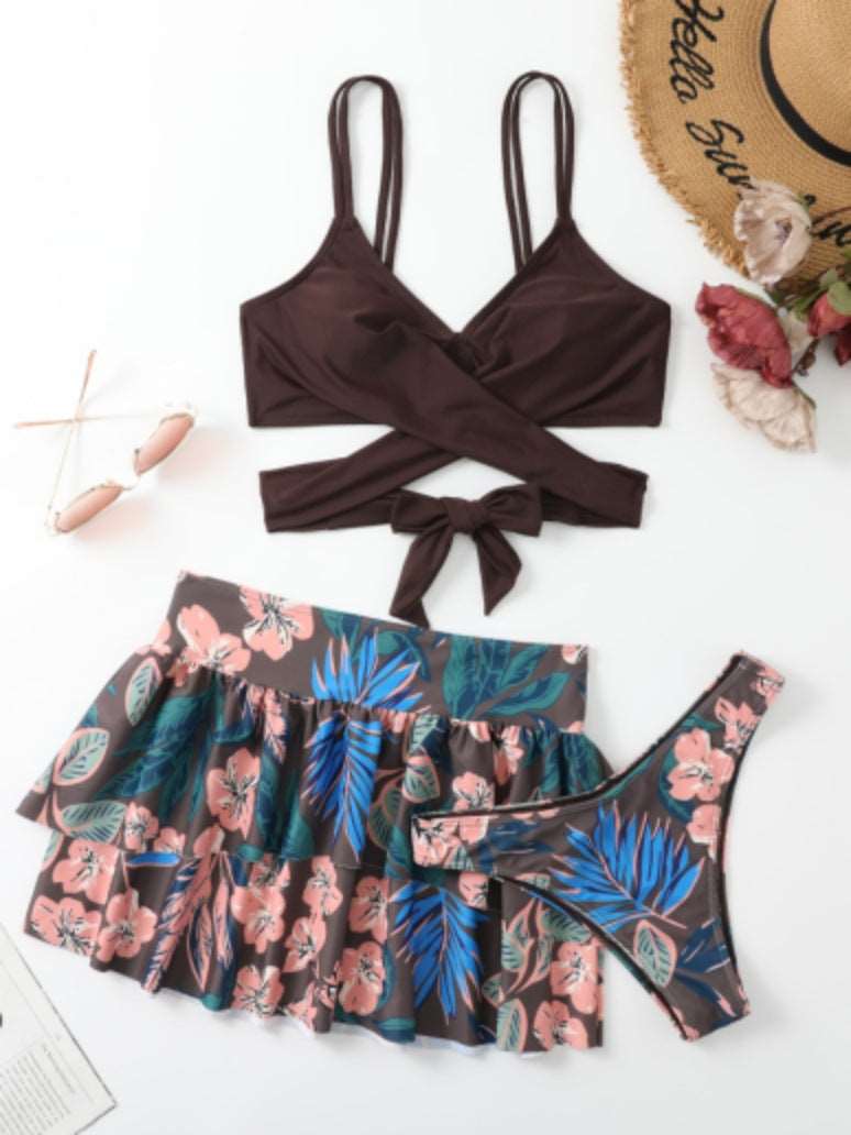 Women's Floral Print High Waist Swimming Pants, Swimming Skirt and Backless Top Three-piece Set