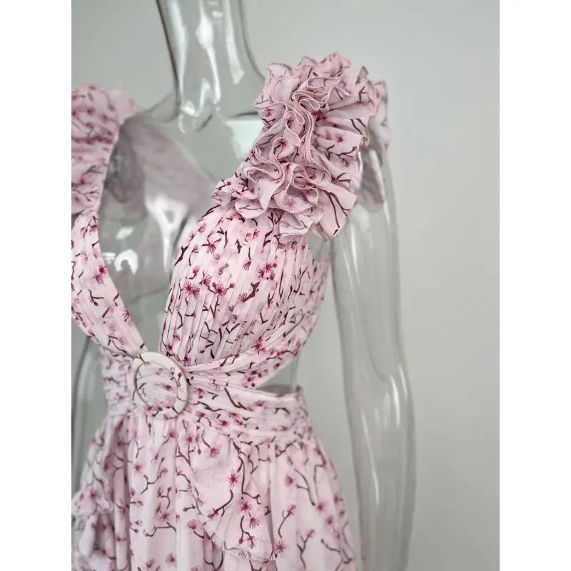 Women's Floral Pattern Ruffled Deep V-Neck Backless Dress