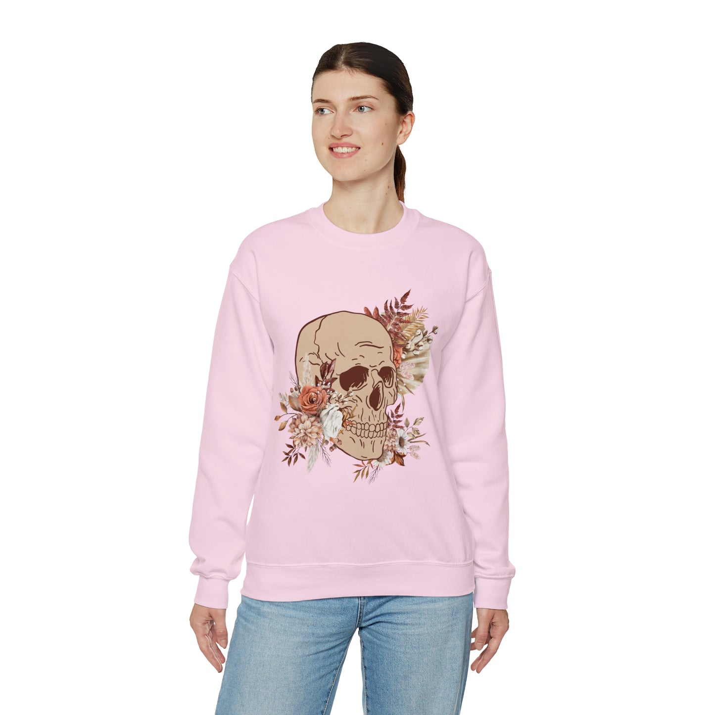 Unisex Vintage Skull and Flower Heavy Blend Crewneck Sweatshirt pink