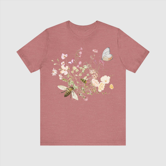 Unisex Vintage Wildblumen und Bienen Jersey Kurzärmeliges T-Shirt