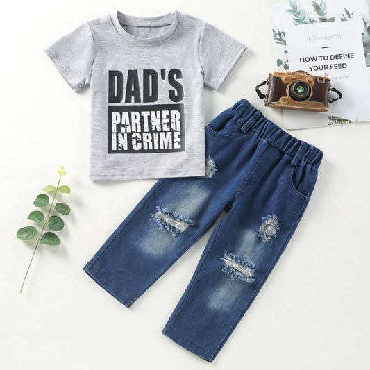 Baby Casual T-shirt and Denim Ripped Pants Two-piece Outfit Set