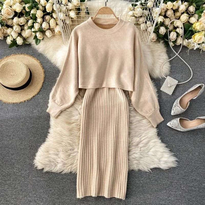 Women's Long Sleeved Jumper and Sleeveless V-neck Dress Two-piece Outfit Set