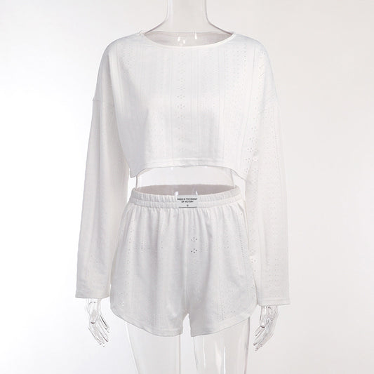 Pyjama-Set mit langärmeligem Oberteil und Shorts für Damen mit lockerem, ausgehöhltem Design