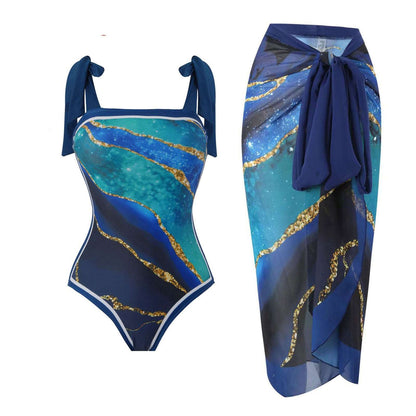Women's Retro One-piece Swimsuit and Cover-up Scarf Set
