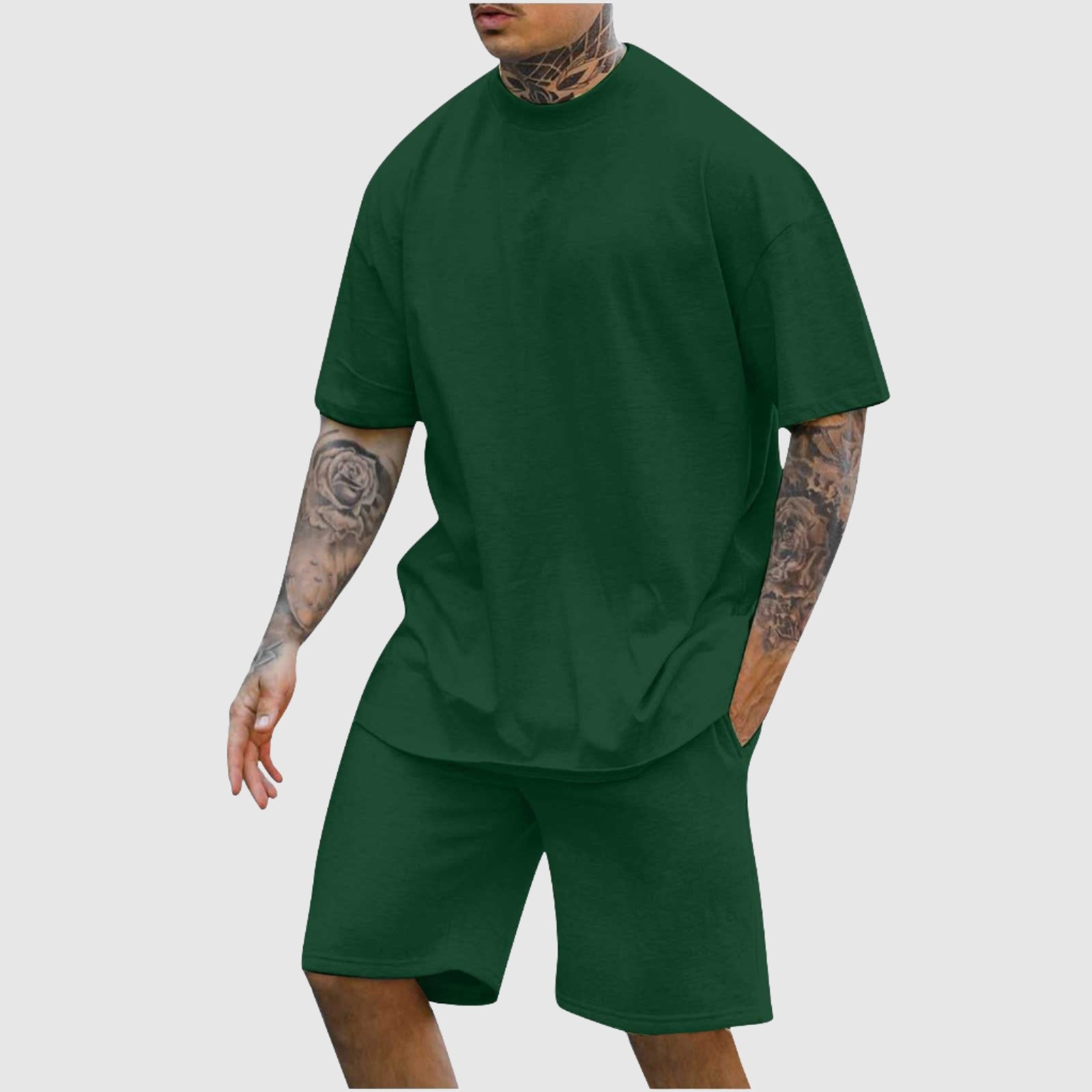 Men's Casual Comfortable Round Neck Drop Shoulder Short Sleeved T-shirt and Shorts Two-piece Outfit Set