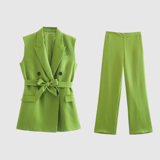 Women's Elegant Suit Vest with Belt and High-waisted Pants Outfit Set