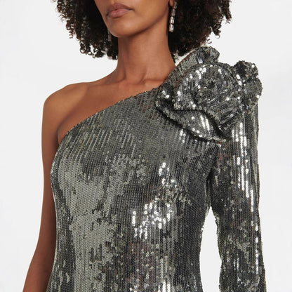 Women's Floral Asymmetrical Silver Sequin Gown