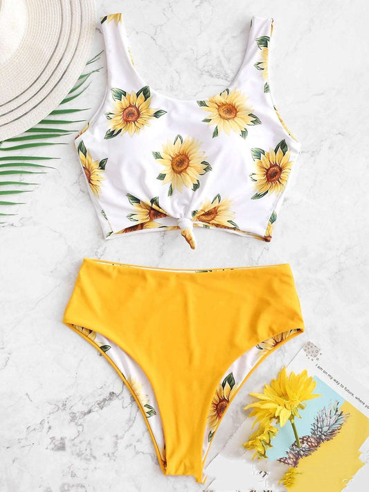 Women's Sunflower Print Two Way Wear Two-piece Swimsuit