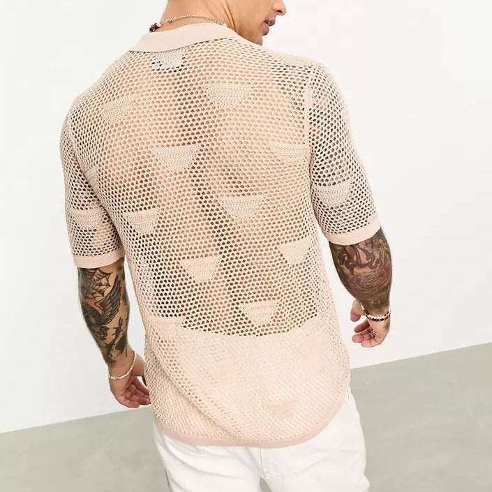 Men's Solid Color Loose Mesh Hollow Cut-Out Button-up Shirt