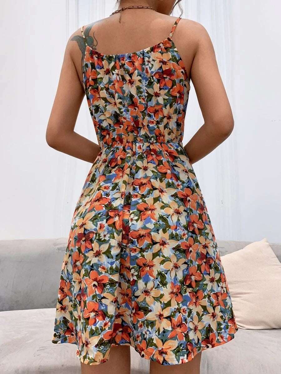 Women's Floral Print Suspender Dress With Elastic Waist