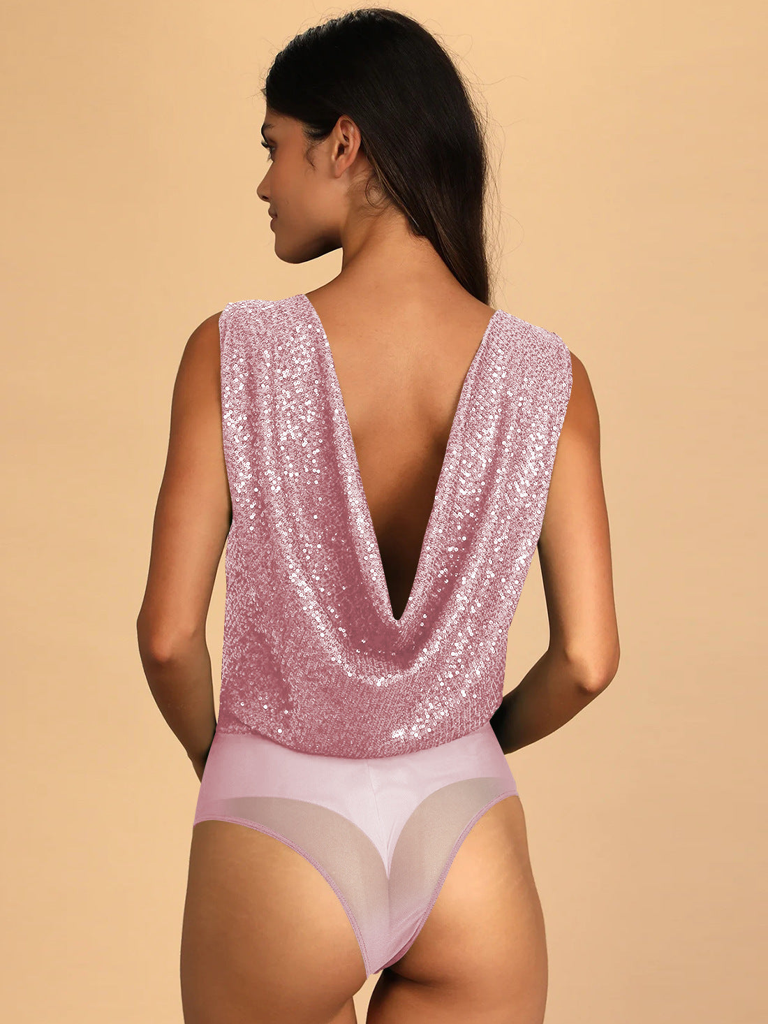 Women's Glitter Sequin Sleeveless Low Cut V-Neck Bodysuit pink