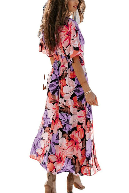Women's Colorful Print Deep V-neck Split Dress