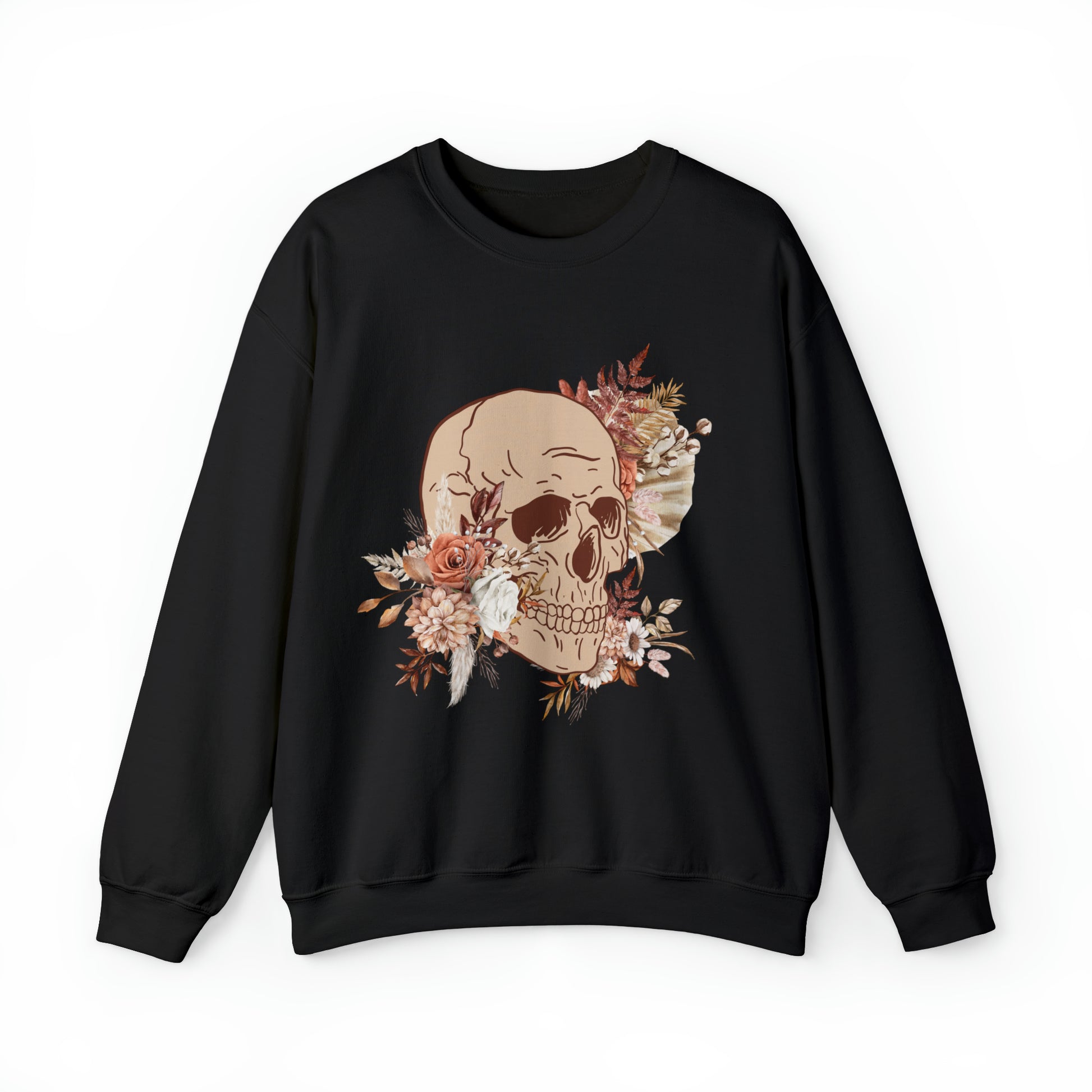 Unisex Vintage Skull and Flower Heavy Blend Crewneck Sweatshirt black front