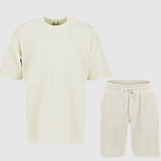 Lockeres, einfarbiges Sport- und Freizeit-Outfit-Set für Herren mit gestreiftem Kurzarm-T-Shirt und Shorts