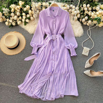 Women's French Style Long Sleeved Plated Skirt Dress