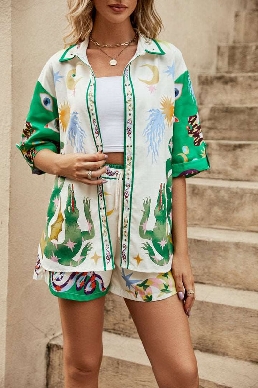 Women's Elegant Printed Short Sleeved Shirt and Shorts Loungewear Outfit Set