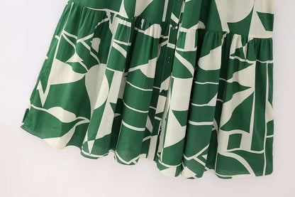 Women's Long Sleeved Green Printed Shirt Dress