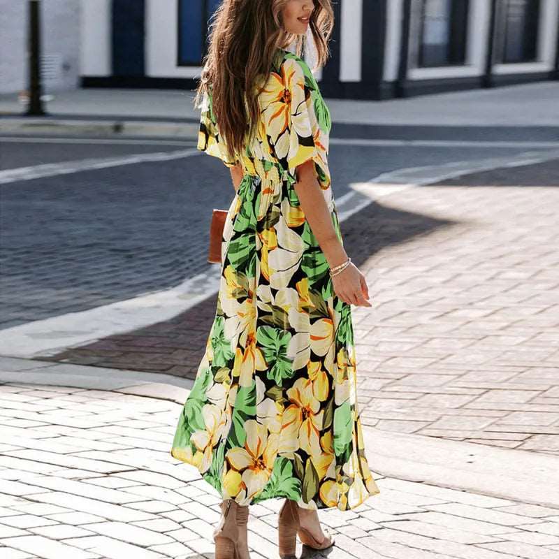 Women's Colorful Print Deep V-neck Split Dress