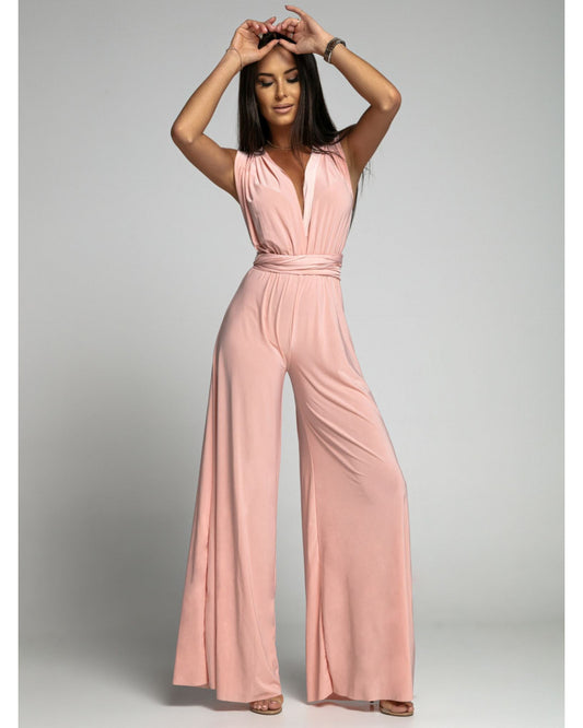 Women's Deep V-neck Sleeveless and Backless One-piece Jumpsuit pink