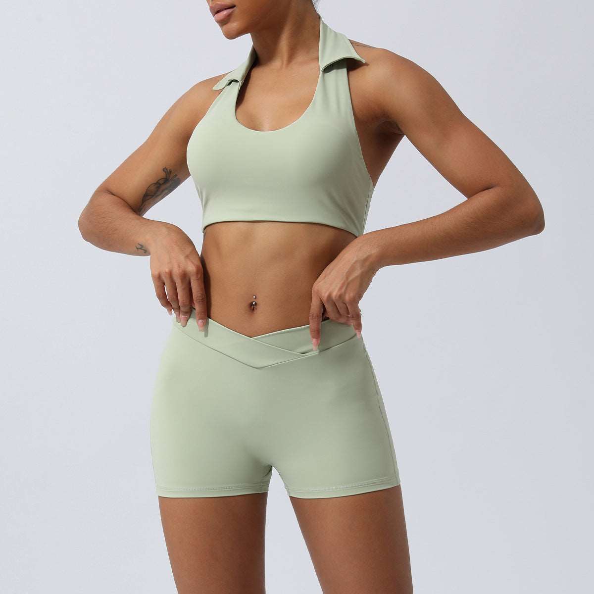 Women's Lapel Collar Sleeveless Top and Hip Lifting Pants or Shorts Sports Set