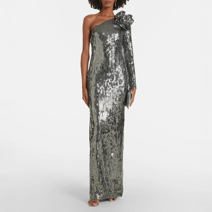 Women's Floral Asymmetrical Silver Sequin Gown