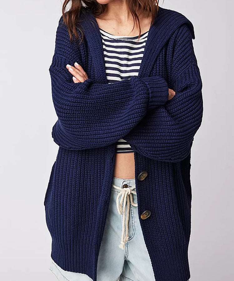 Women's Mid-length Lapel Collar Knitted Button-up Cardigan Jacket