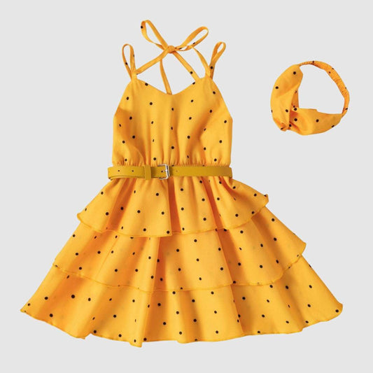 Baby Girl Strap Polka Dot Solid Color Dress and Headband