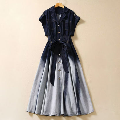 Women's Short Sleeve Gradient Color Fashion Waist-controlled Denim Dress