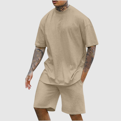 Men's Casual Comfortable Round Neck Drop Shoulder Short Sleeved T-shirt and Shorts Two-piece Outfit Set