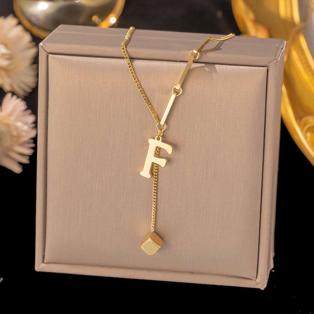 Women's Titanium Steel Graceful Personal Letter and Small Square Pendant Necklace