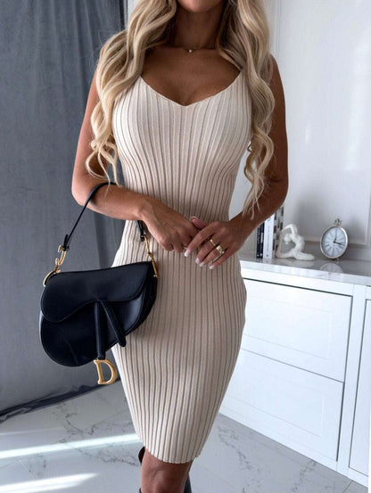 Women's Solid Stripe Long-sleeved Top And Tight Suspender Strap Dress