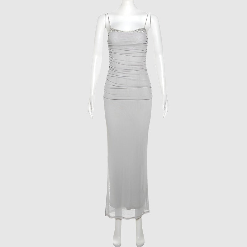 Damen-Kleid mit Spitzenkanten-Ausschnitt, engem Netzstoff und durchsichtigem langem Kleid