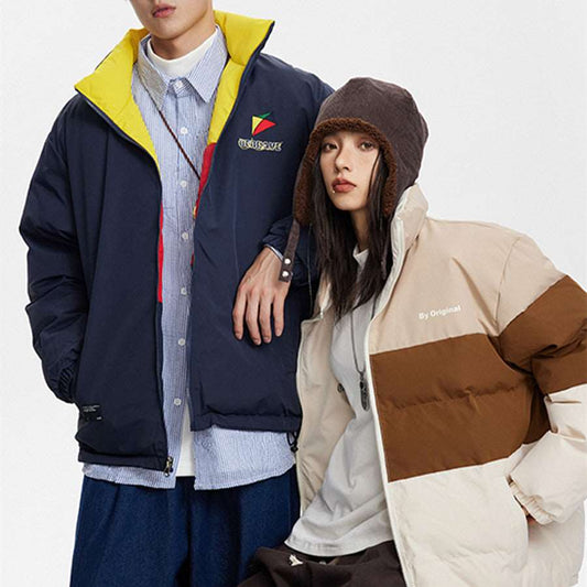 Unisex Couples Contrast Color Embroidered Stand Collar Coat