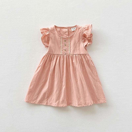 Girls Cotton Lace Flower Embroidery Short Sleeved Dress